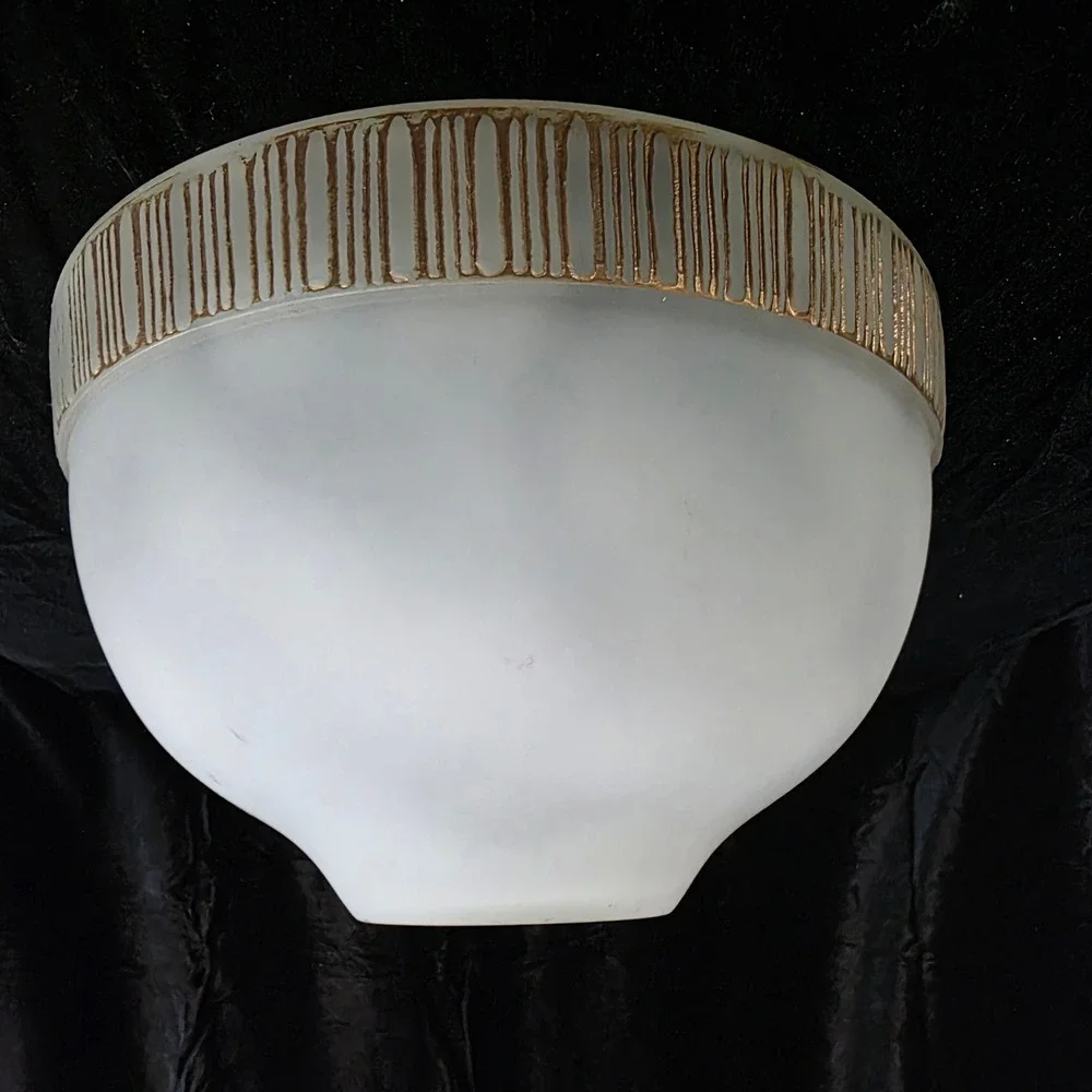 VTG MCM Pendant Frosted Dappled Glass Lamp Shade Gold Striped Band 1 5/8 Fitter
